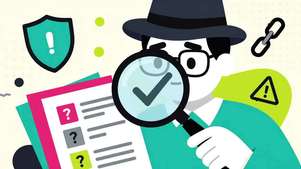 Personnage inspectant des documents pour vérifier la légitimité d'un projet crypto