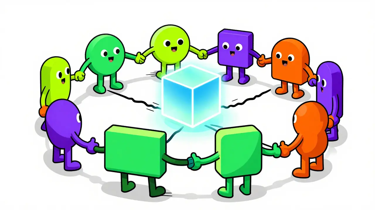 Personnages géométriques validant un bloc commun dans un cercle de consensus stylisé