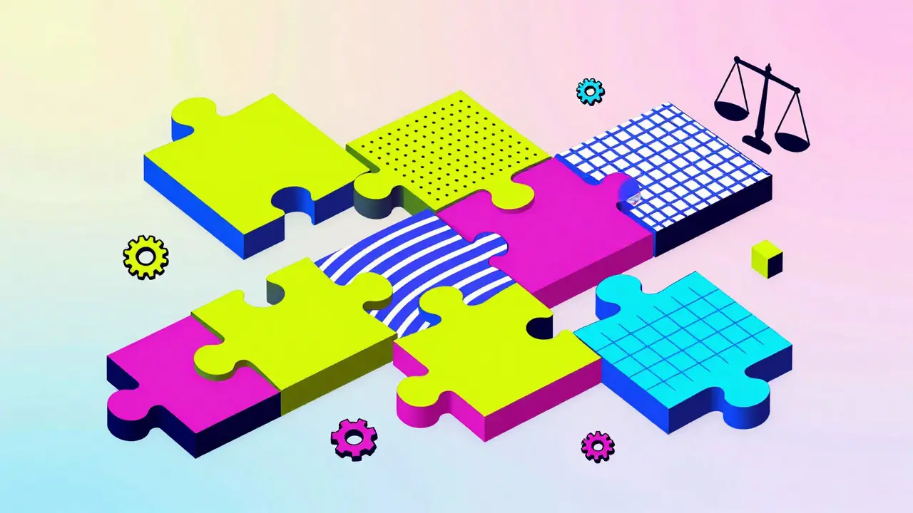 Pièces de puzzle colorées représentant les règles variées des marchés NFT