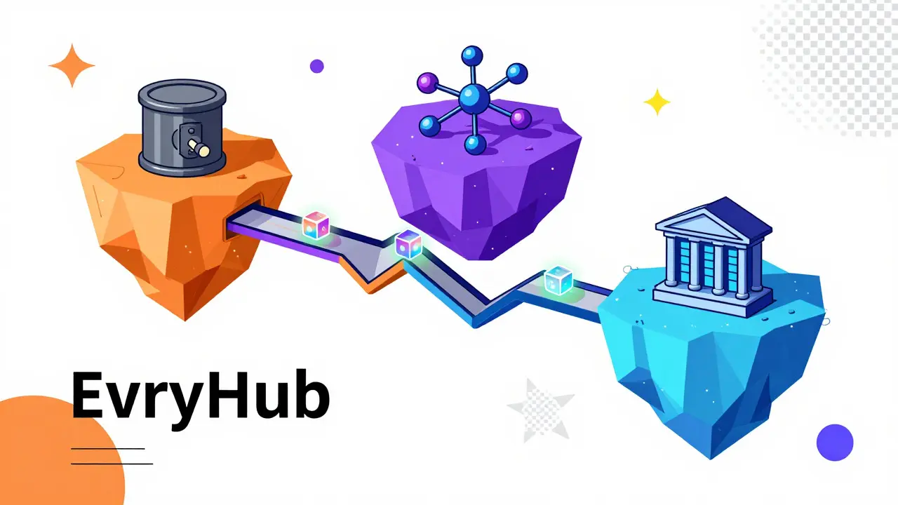 Pont interchaîne EvryHub reliant trois îles blockchain en style Memphis