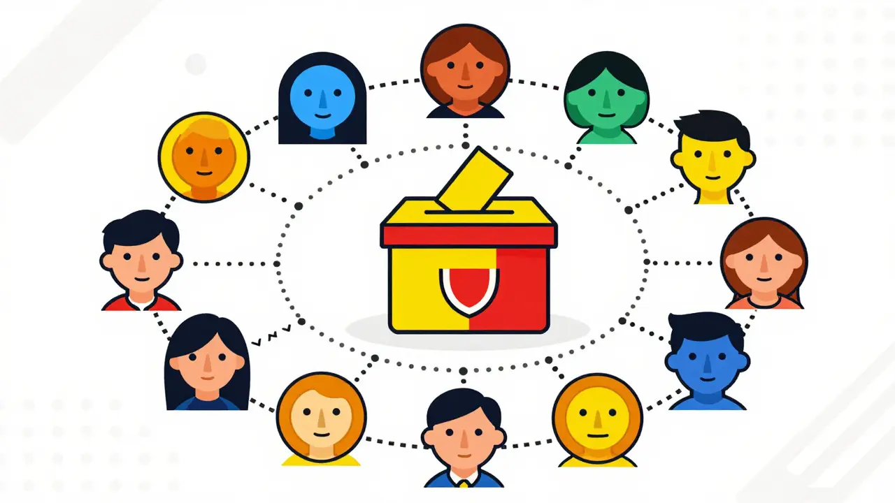 Réseau d'avatars géométriques connectés autour d'un symbole de gouvernance