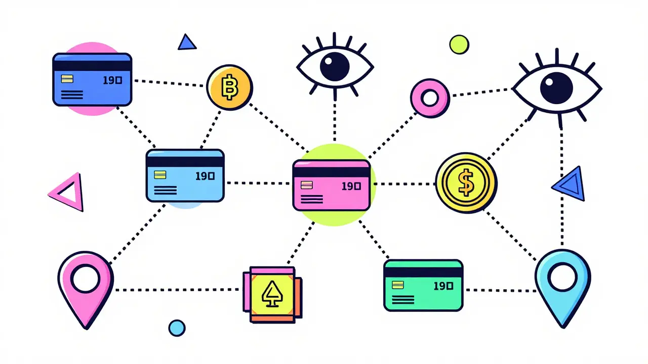 Réseau de transactions surveillé par un œil algorithmique dans un style cartoon Memphis