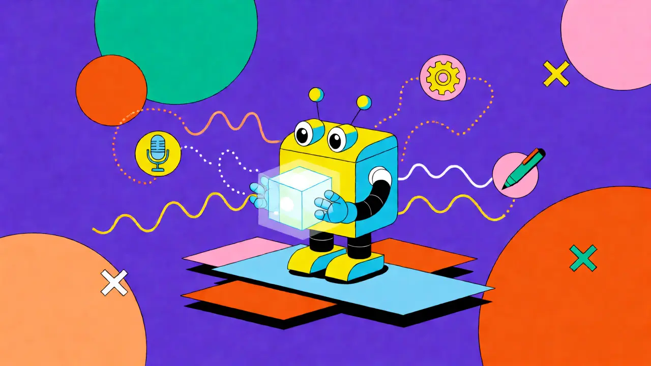 Robot IA cartoon dans un style Memphis manipulant des actifs de propriété intellectuelle abstraits