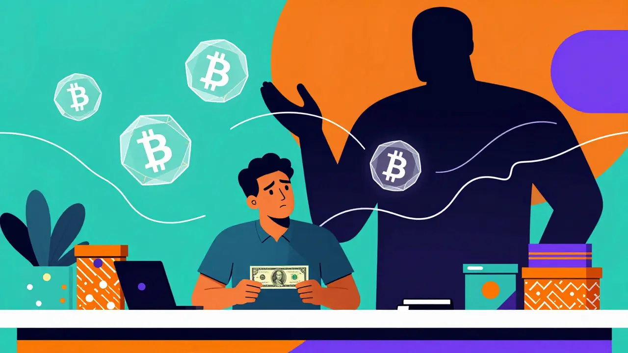 Scène illustrée montrant le scepticisme des commerçants face à l'adoption crypto