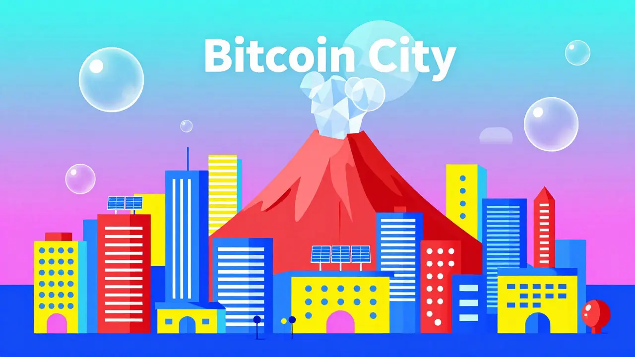 Ville futuriste colorée inspirée de Bitcoin City avec des éléments géométriques vifs