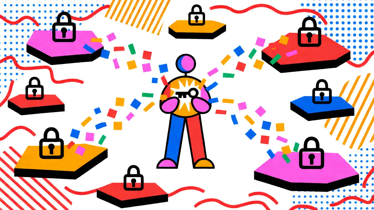 Art style Memphis illustrant la distribution chiffrée de données sur plusieurs nœuds géométriques.