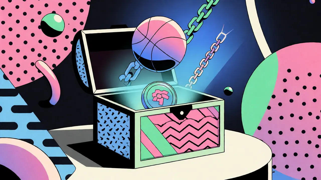 Boîte mystère ouverte révélant un NFT sous forme de ballon de basket stylisé