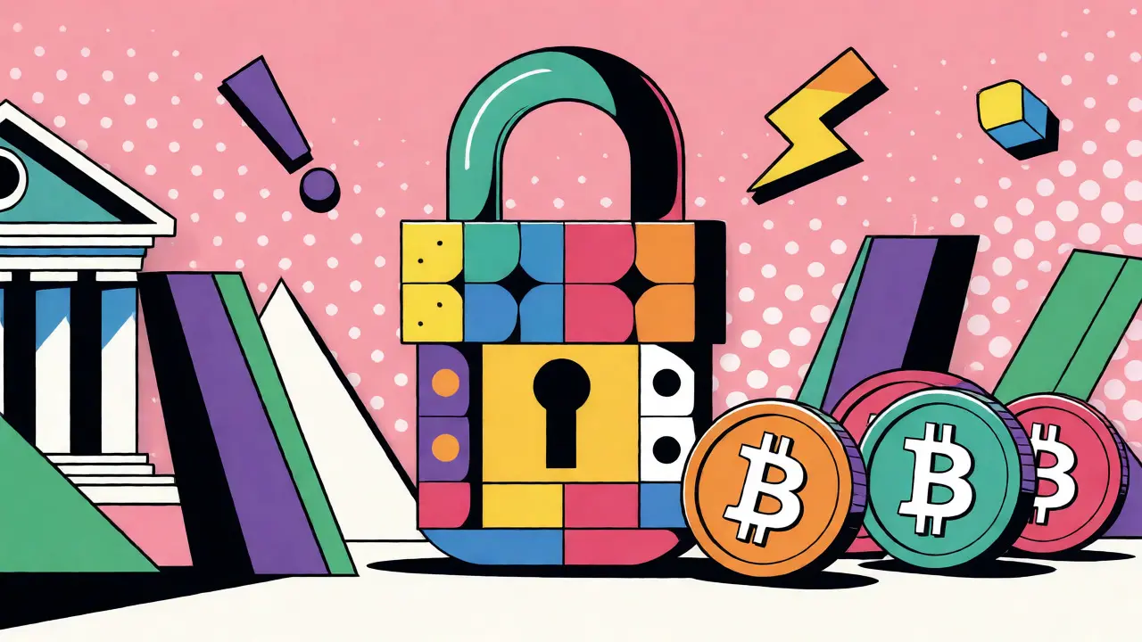 Cadenas géométrique coloré verrouillant des icônes de cryptomonnaies plates