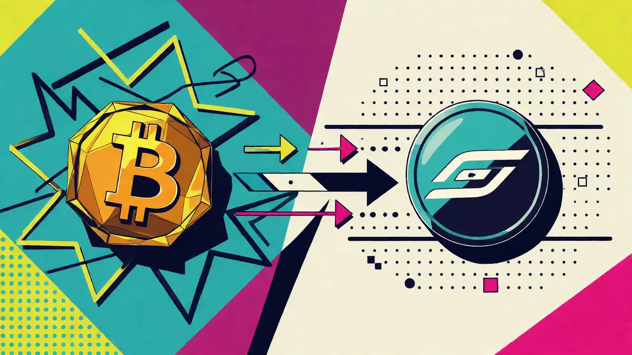 Comparaison visuelle entre Bitcoin volatil et stablecoins stables dans un style géométrique.