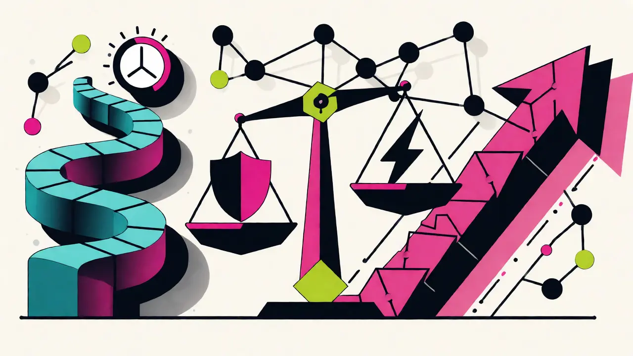 Comparaison visuelle entre la finalité probabiliste et déterministe dans la blockchain en style cartoon Memphis.