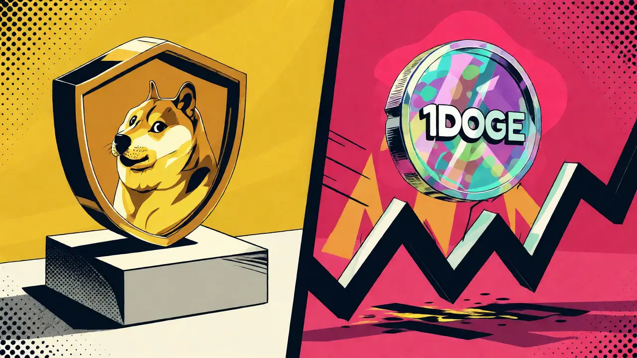Comparaison visuelle entre le Dogecoin solide et un token dérivé fragile en style Memphis