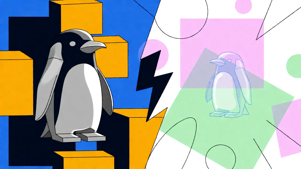 Comparaison visuelle entre un pingouin officiel solide et un jeton communautaire fragile en style graphique.