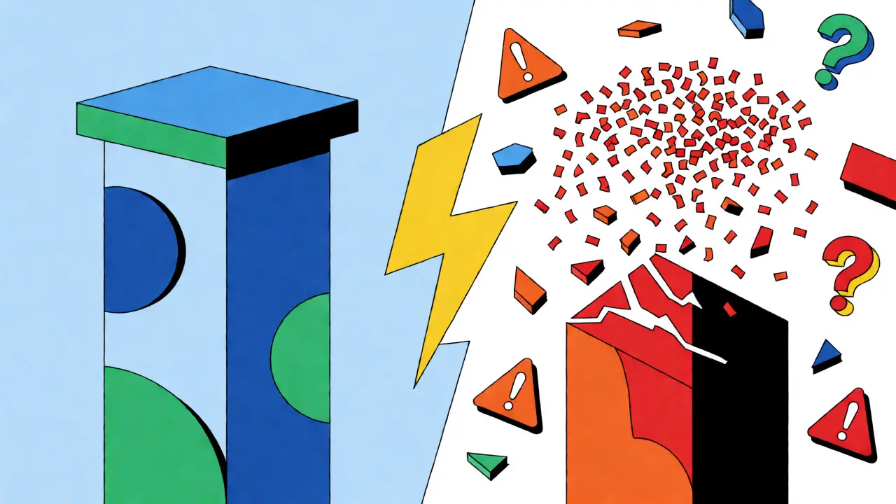 Contraste visuel entre stabilité géométrique et risque fragmenté en style Memphis