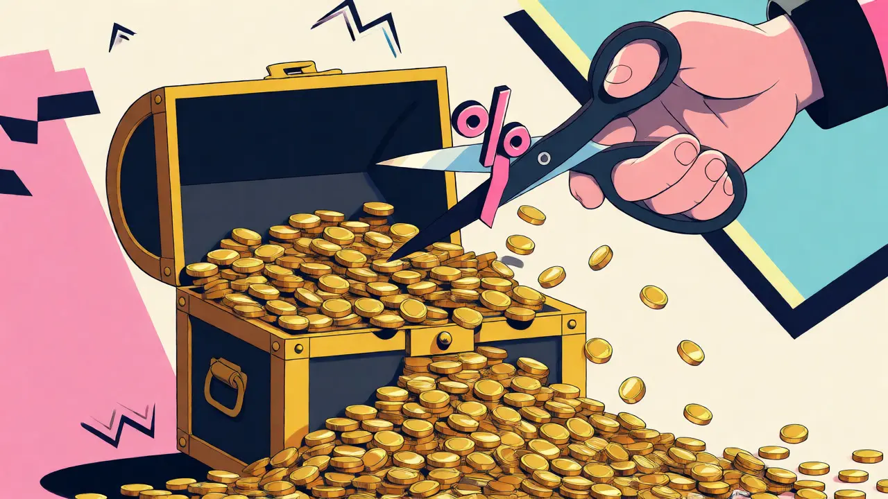 Dessin animé Memphis montrant un coffre débordant de pièces et des ciseaux coupant un ruban pour symboliser la taxe de transaction.
