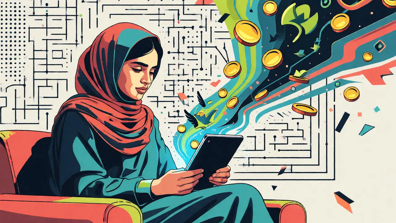 Femme afghane utilisant une tablette avec des flux numériques colorés illustrant la liberté financière.