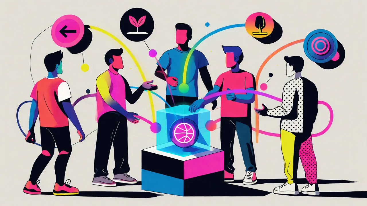 Figures géométriques connectées autour d'un piédestal holographique de basket