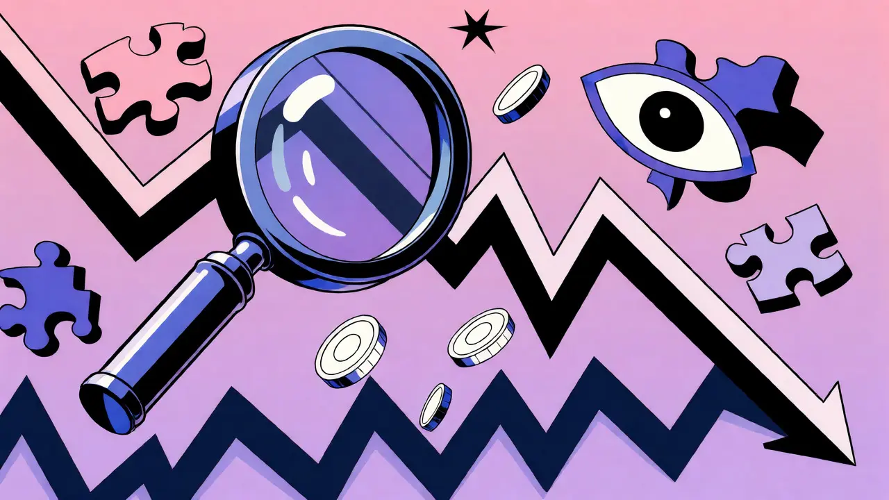 Graphique en baisse sous une loupe avec des pièces qui tombent