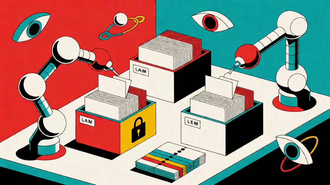 Illustration Memphis Design de bras robotiques triant des archives numériques pour la conformité blockchain durable.