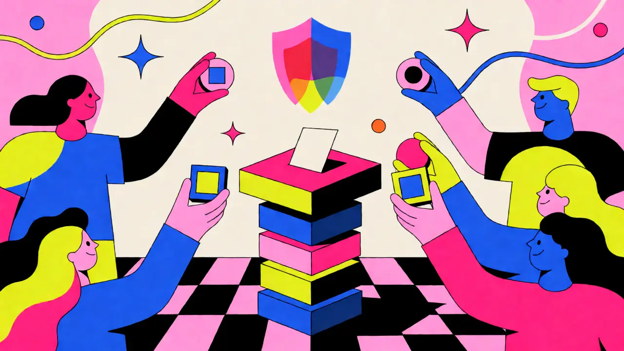 Illustration Memphis Design de la gouvernance communautaire et du staking de tokens POLS sur un podium abstrait.
