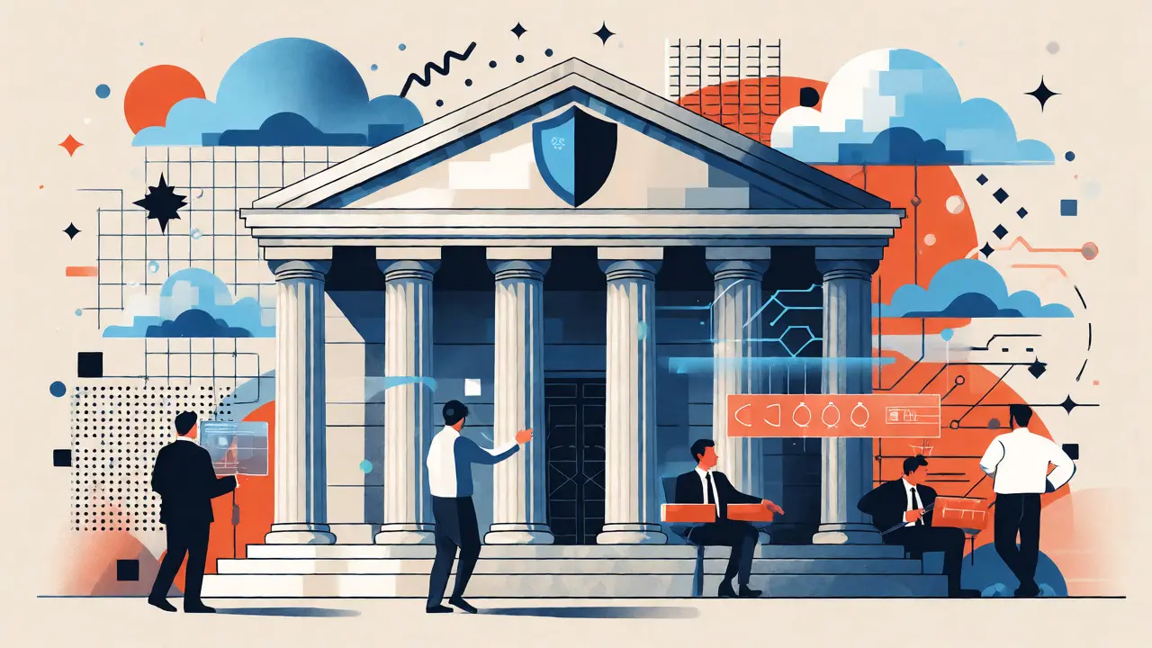 Intégration bancaire des cryptos en Russie représentée par une banque futuriste et sécurisée.