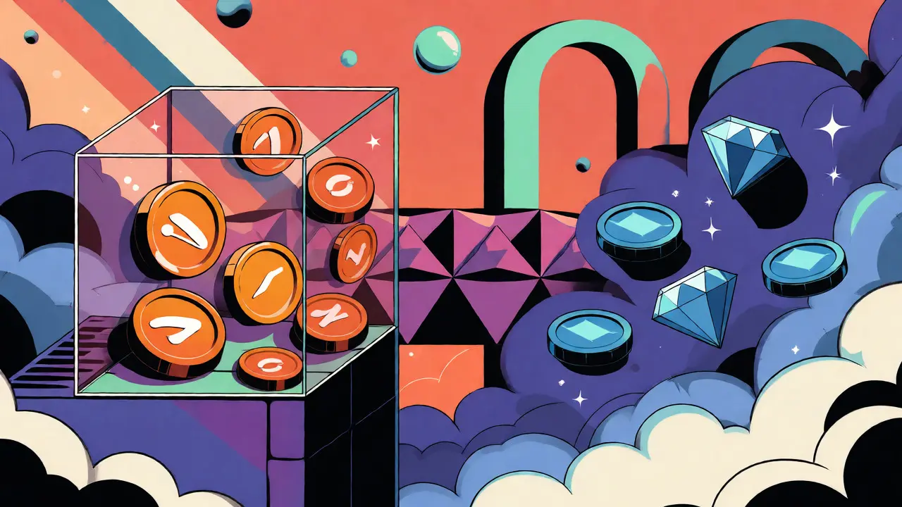Migration visuelle des jetons orange vers des jetons bleus dans un style Memphis