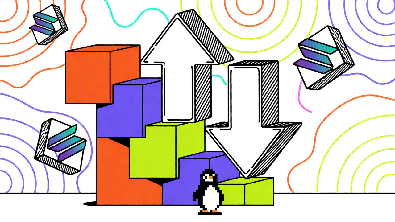 Petit pingouin sur des escaliers géométriques avec flèches de volatilité dans un fond abstrait coloré.