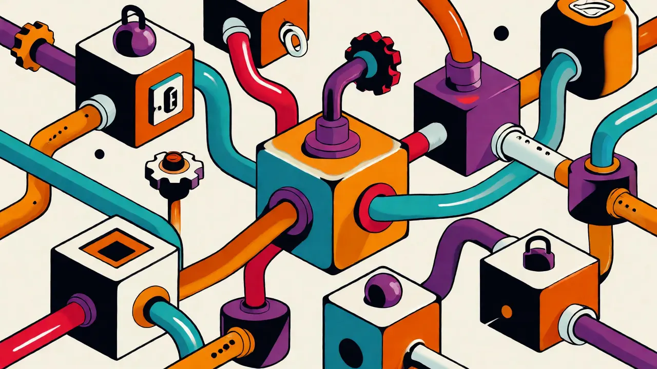 Protocoles DeFi connectés par des lignes ondulées multicolores sur fond abstrait.
