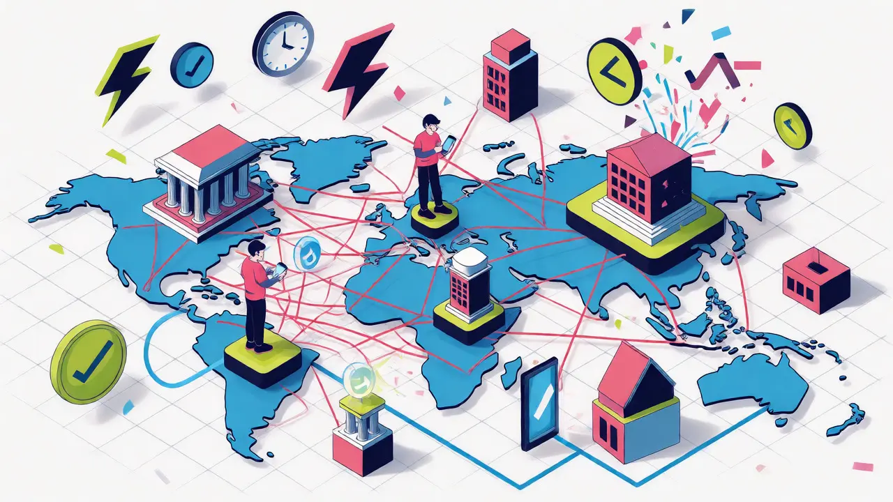 Réseau mondial de transferts d'argent rapides via blockchain illustré en style Memphis