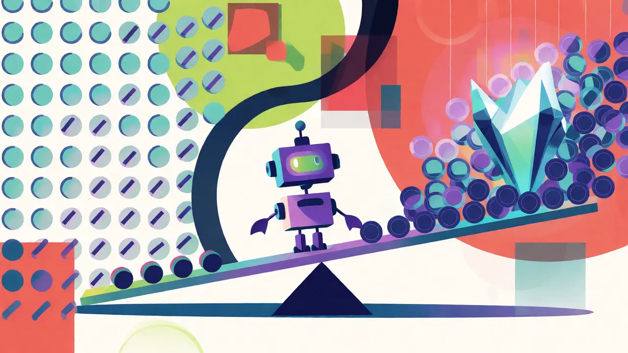 Robot équilibrant flux de jetons et accumulation cristalline en style Memphis.