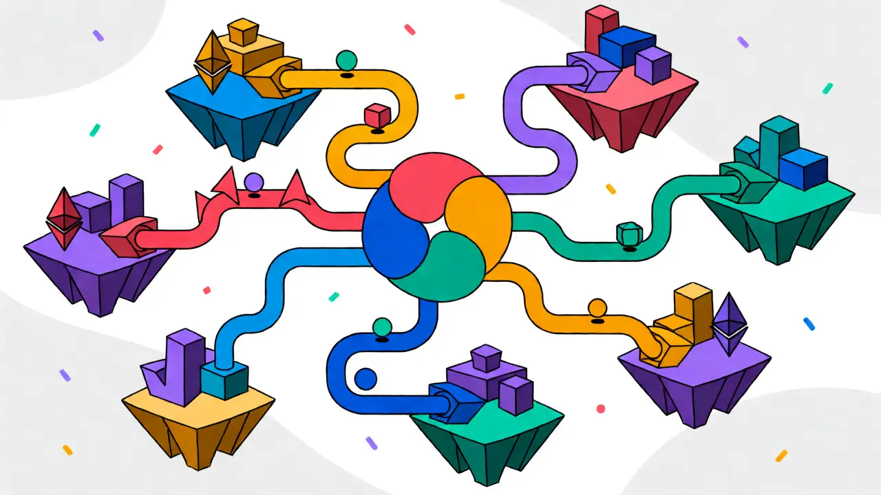 Visuel Memphis Design de l'interopérabilité cross-chain reliant plusieurs blockchains via des ponts colorés.