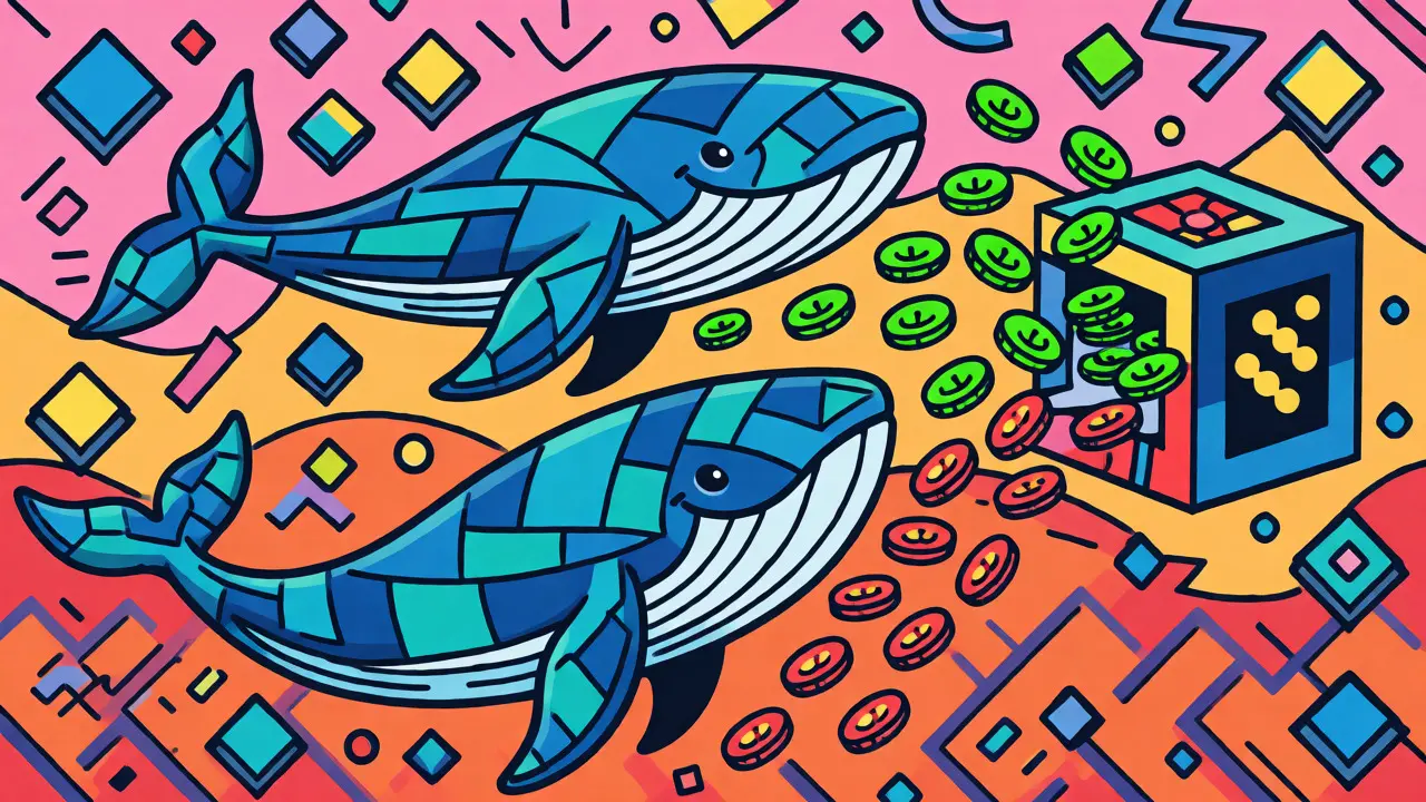 Baleines cartoon géométriques déplaçant des pièces loin d'une plateforme d'échange stylisée.
