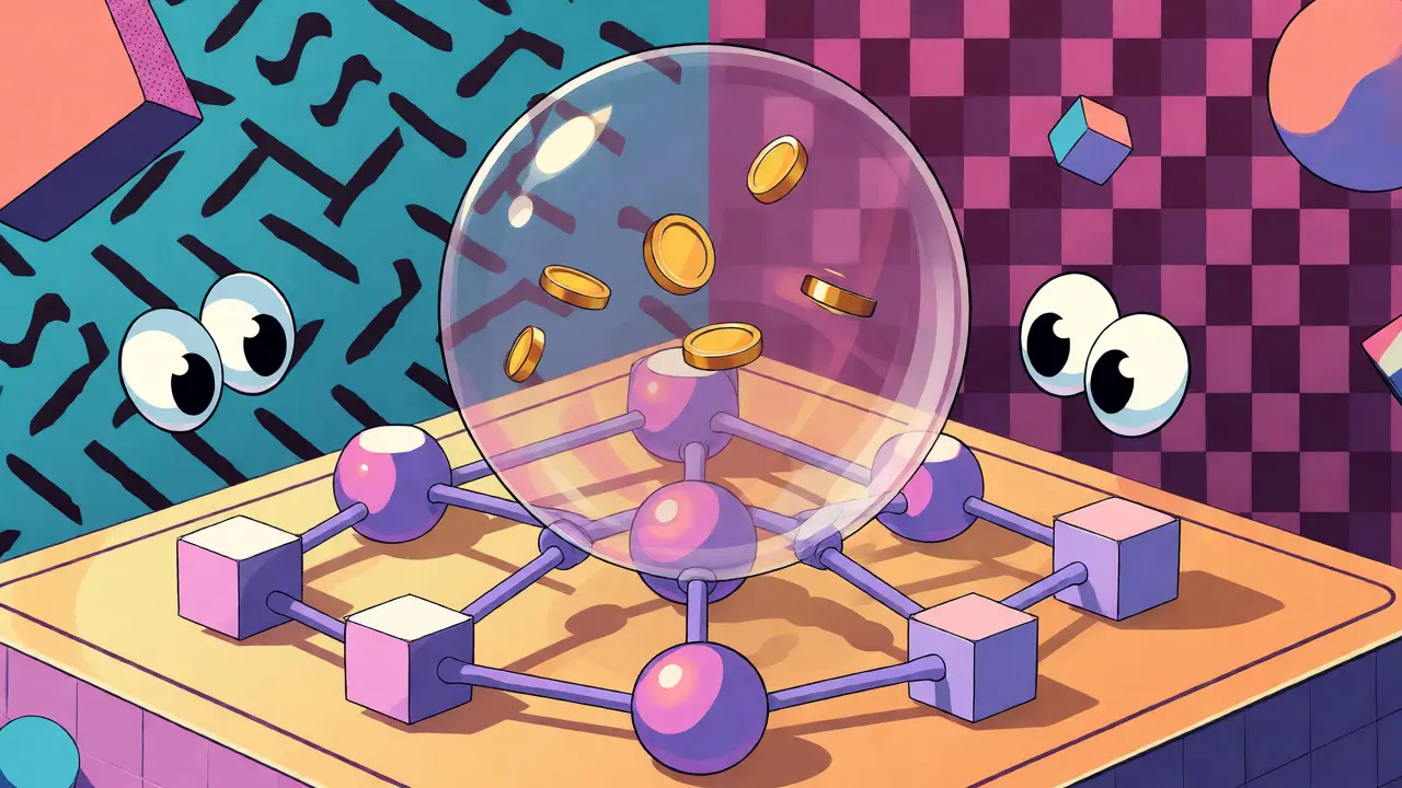 Bulle vide au-dessus d'un réseau blockchain illustrant la pré-circulation du token