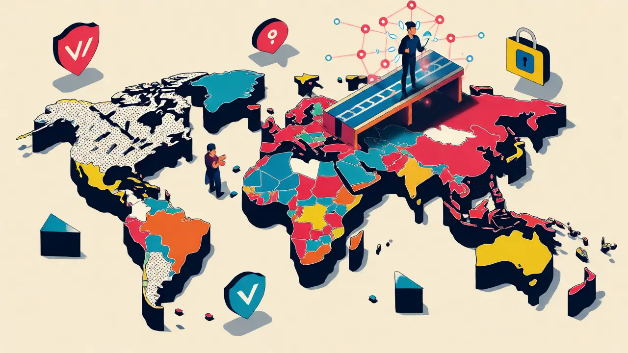 Carte du monde stylisée en Memphis Design avec zones restreintes et accessibles.