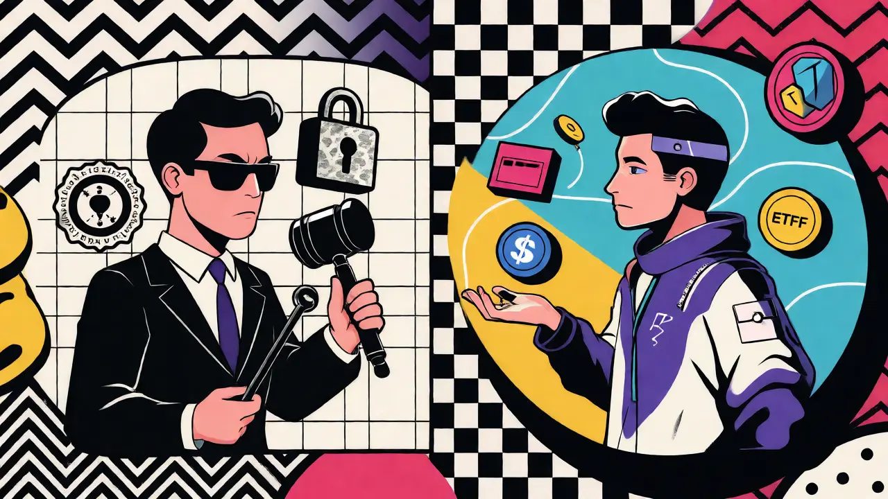 Comparaison illustrée entre une plateforme régulée stricte et une approche innovante en style Memphis.