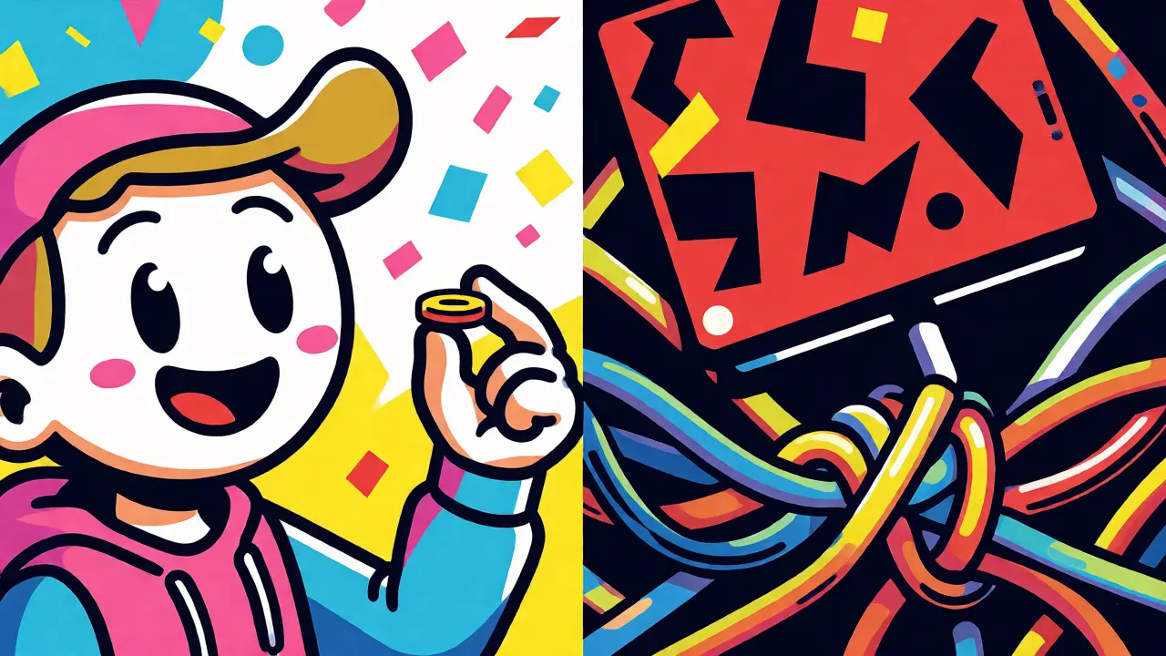 Composition divisée montrant un personnage avec une pièce et des formes d'avertissement abstraites en style Memphis.