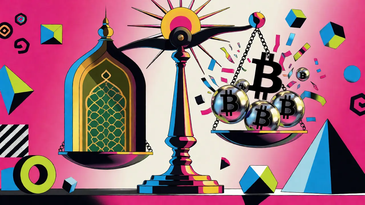 Échelle abstraite équilibrant une arche islamique et des symboles cryptographiques dans un style Memphis coloré.