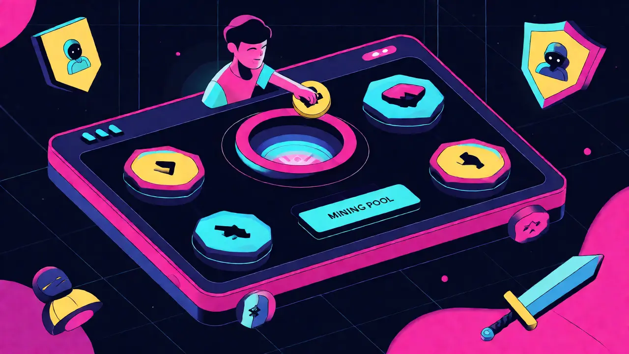 Interface futuriste et abstraite montrant le processus de staking et de minage sur la plateforme PangolinSwap.