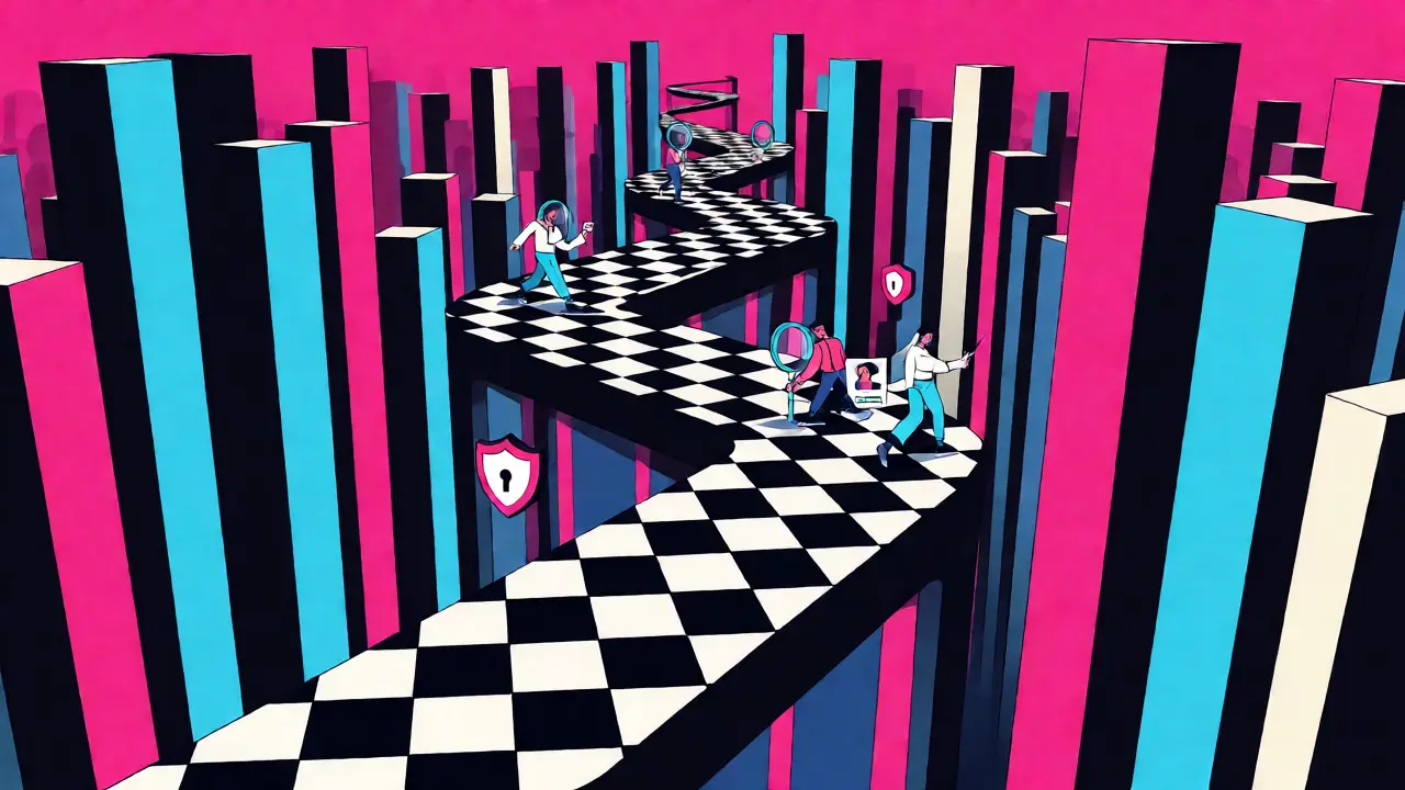 Labyrinthe de blocs colorés illustrant les vérifications KYC et la fin de l'anonymat