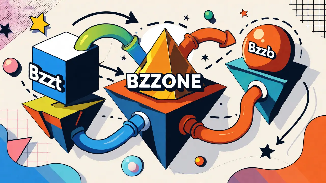 Représentation géométrique des trois jetons interconnectés de l'écosystème Bzzone dans un style Memphis.