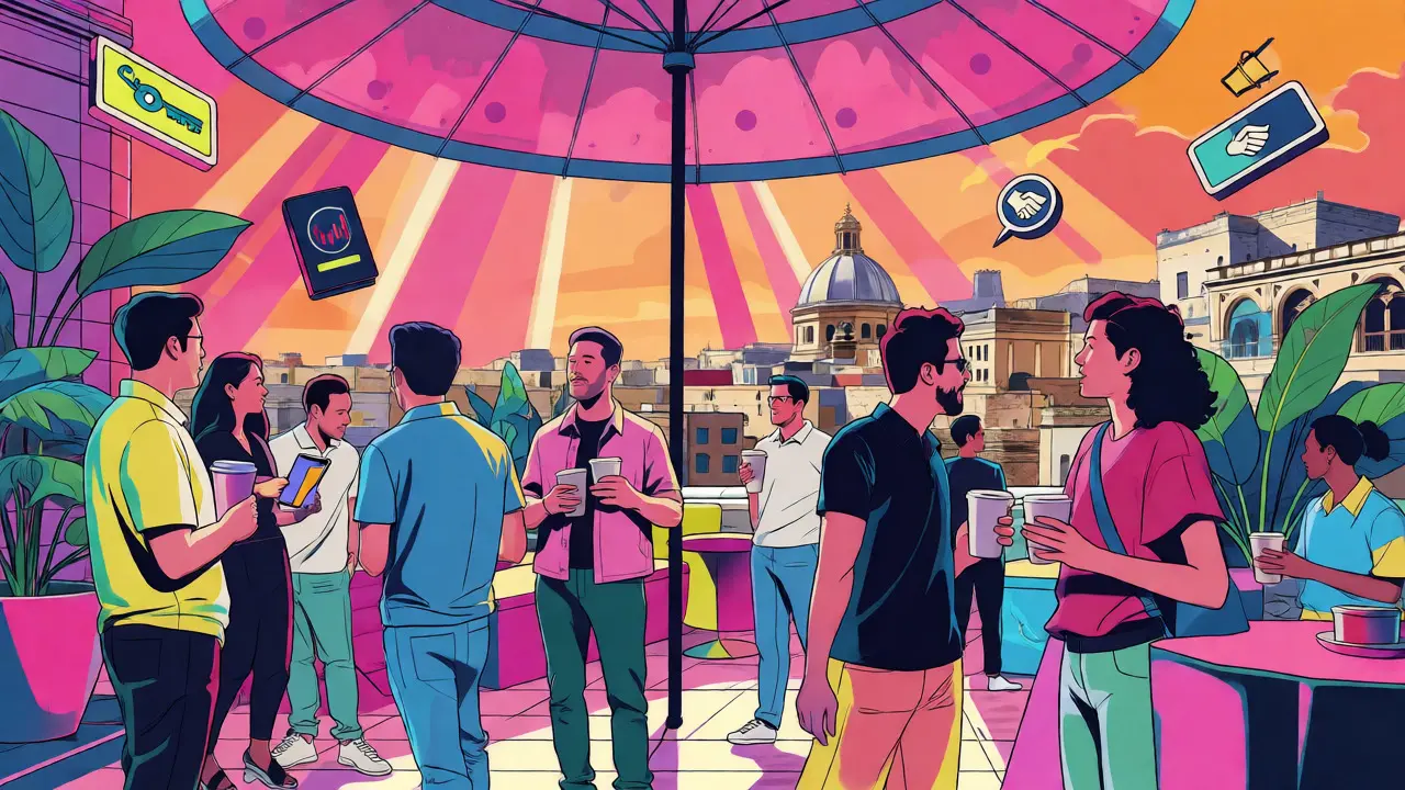 Scène cartoon Memphis d'entrepreneurs crypto réseautant sur un toit coloré à La Valette.