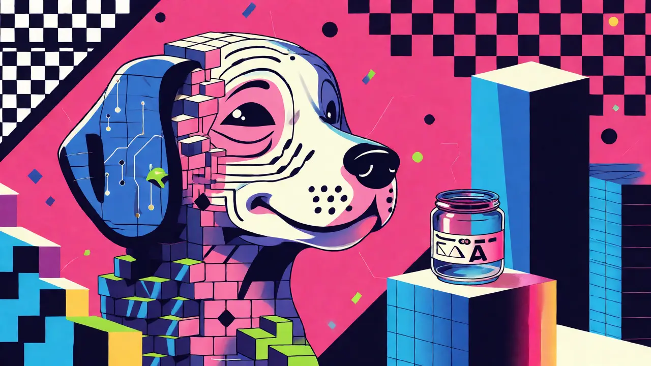 Tête de chien fusionnant pixels et circuits pour critiquer le marketing IA des memecoins