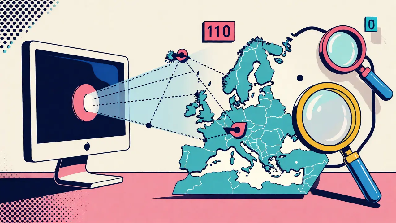 Visualisation cartoon du suivi d'adresse IP reliant un ordinateur à une carte géographique.