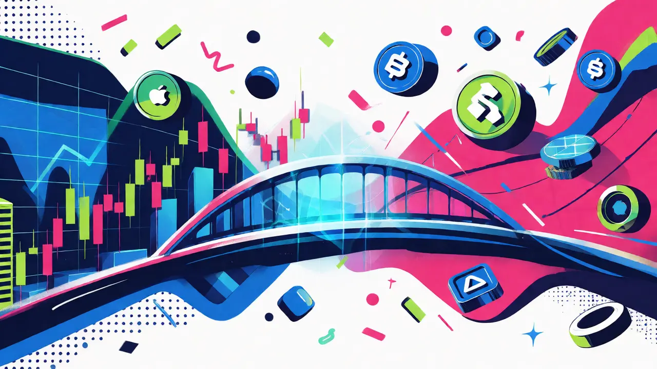 Visuel cartoon fusionnant actions boursières et blockchain dans un style Memphis design.